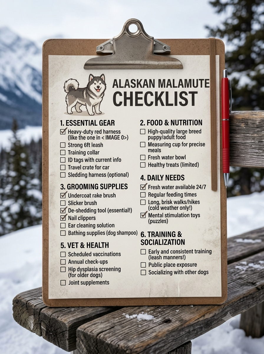 Checklist for Alaskan Malamute ownership exercise fencing heat and health testing