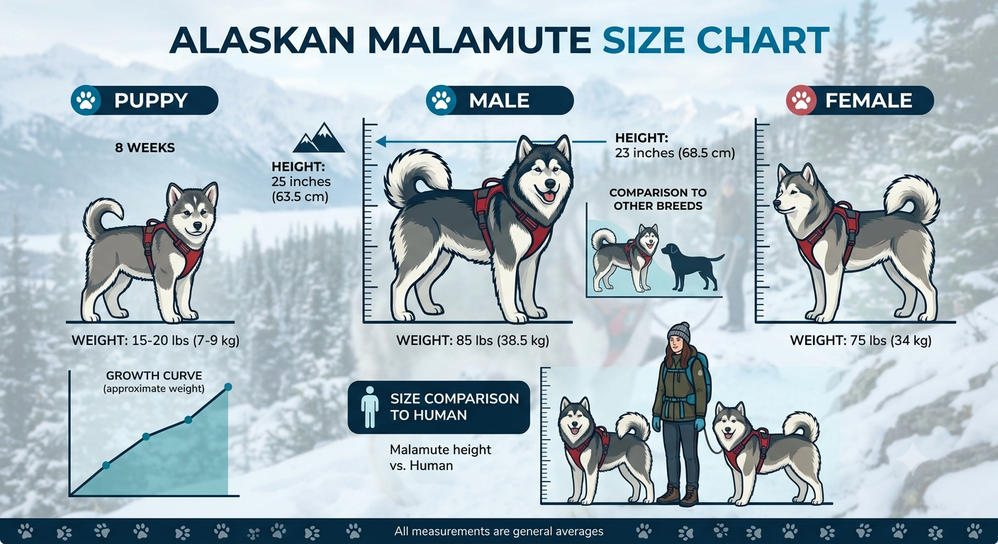 Infographic Alaskan Malamute size weight height compared to average dog
