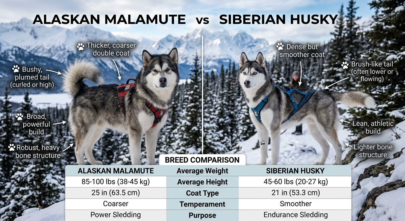 Comparison Alaskan Malamute vs Siberian Husky size and build