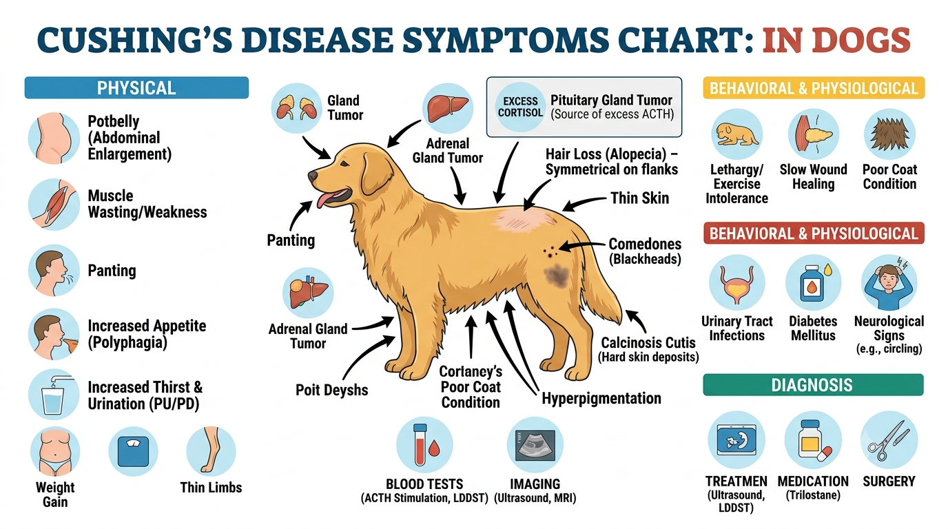 Cushing's disease in dogs symptoms chart — increased thirst urination pot belly hair loss panting