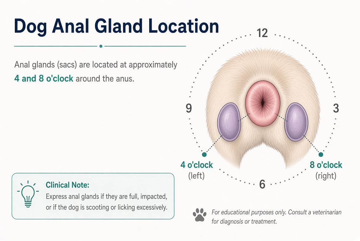 Dog anal gland anatomy chart showing location at 4 and 8 o’clock positions