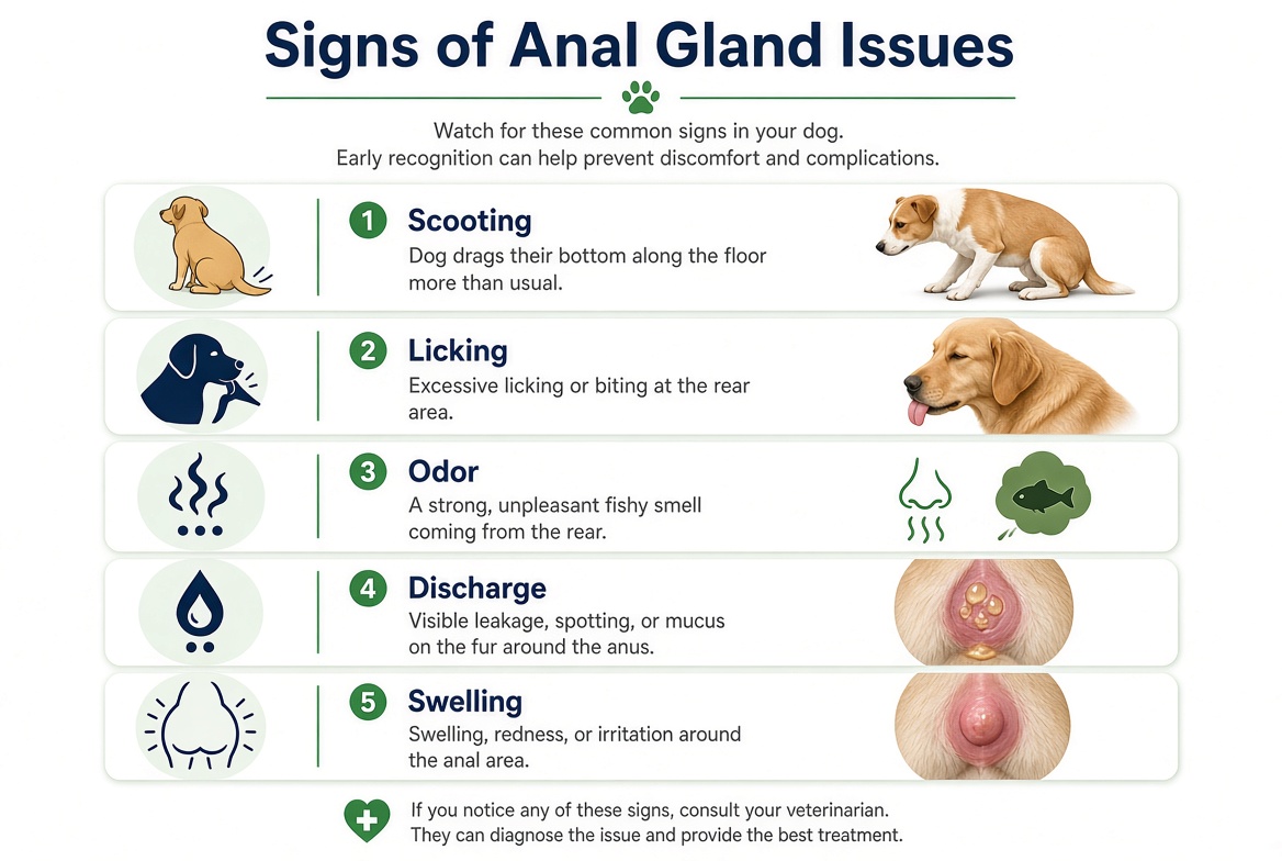 Dog anal gland problem signs checklist: scooting, licking, odor, discharge, swelling