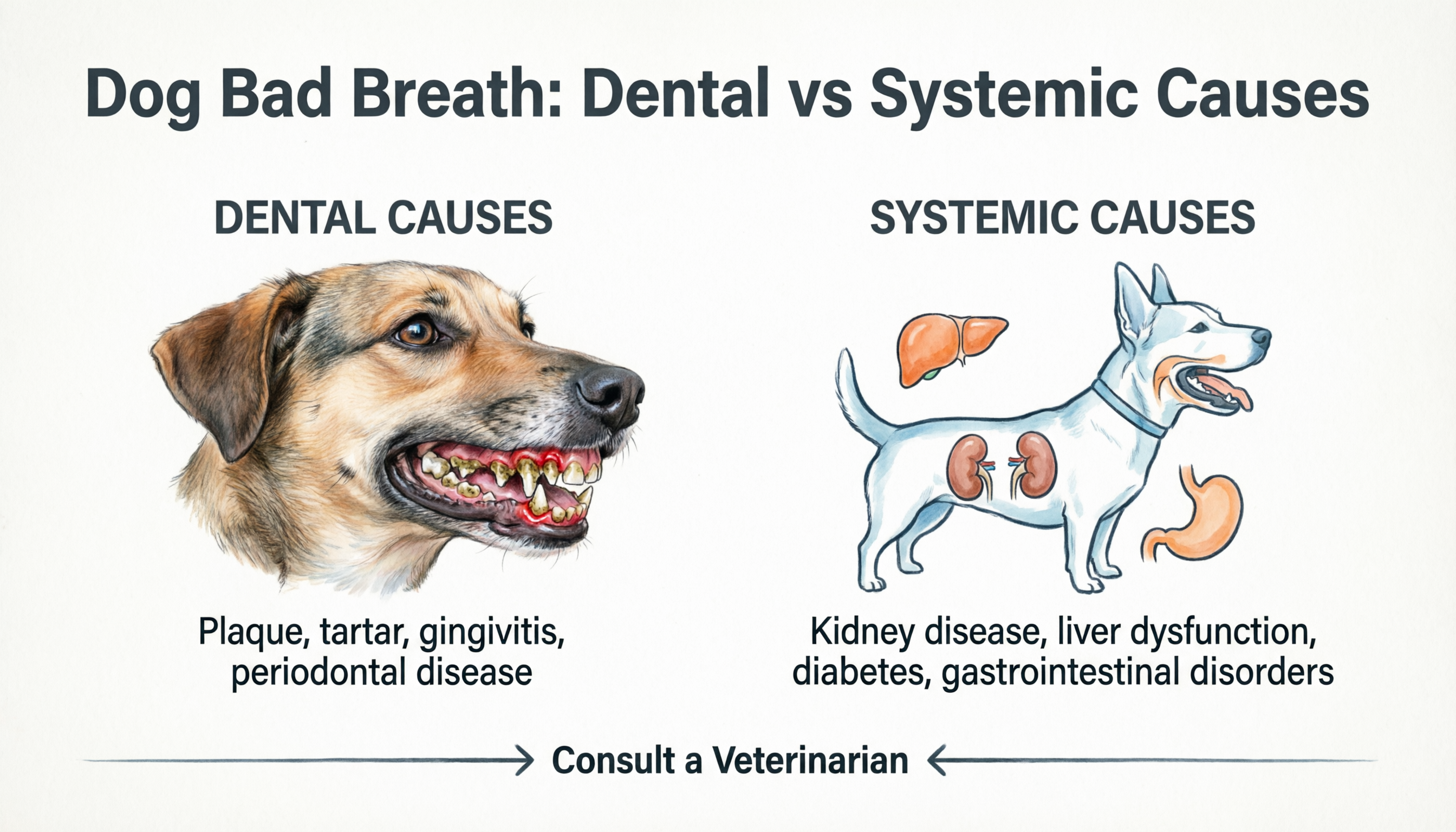 Comparison of dental disease bad breath versus systemic causes like kidney disease in dogs