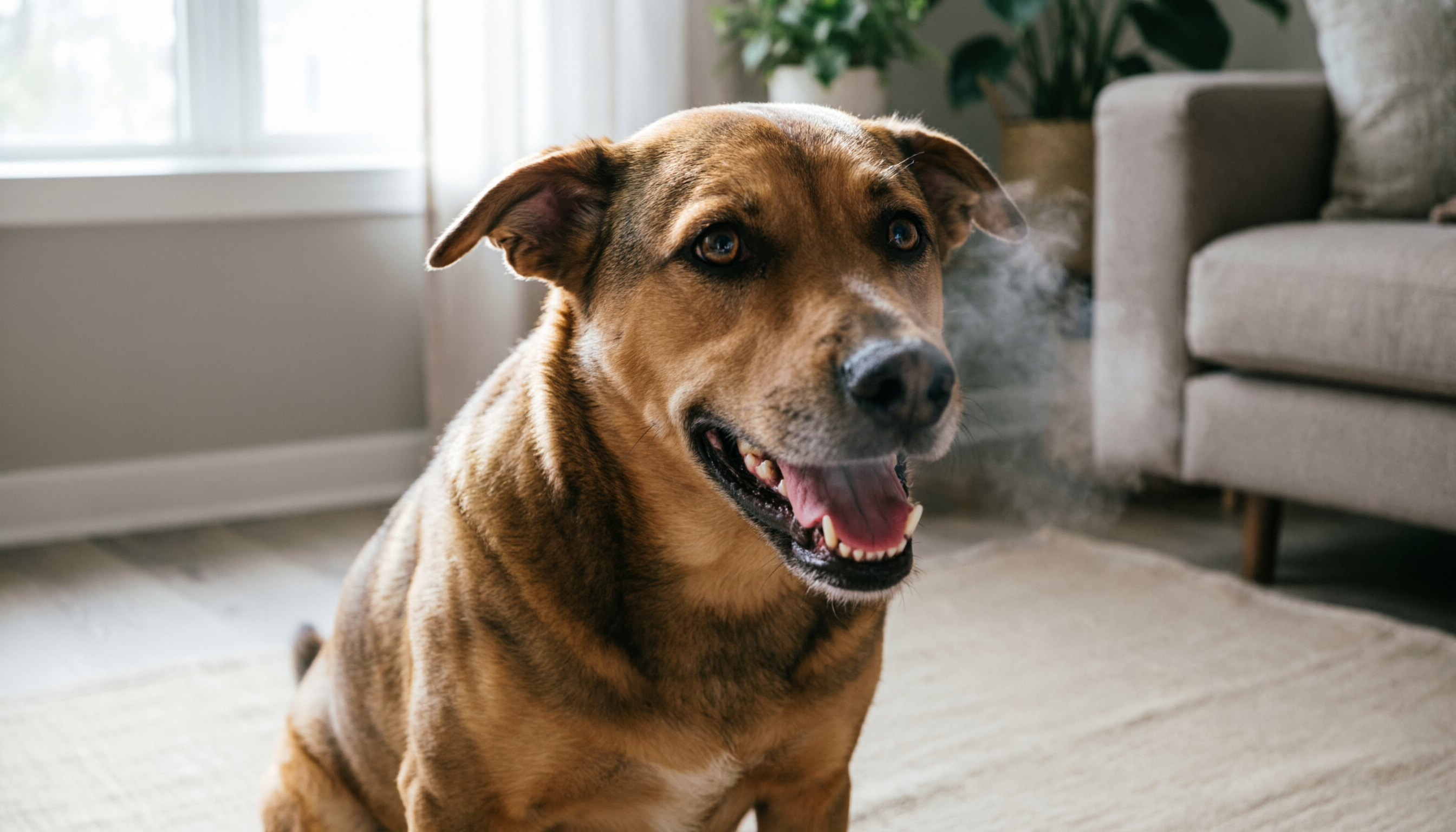 Dog owner checking a dog's mouth for bad breath and dental health concerns