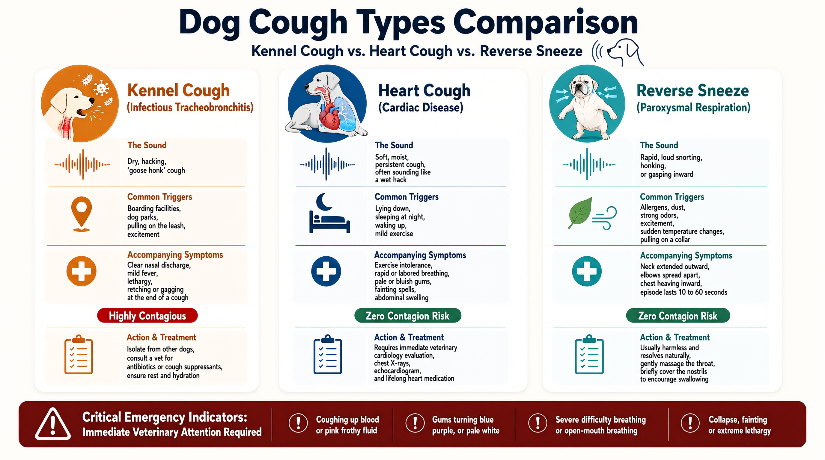 Dog coughing types comparison — kennel cough vs heart cough vs reverse sneeze chart