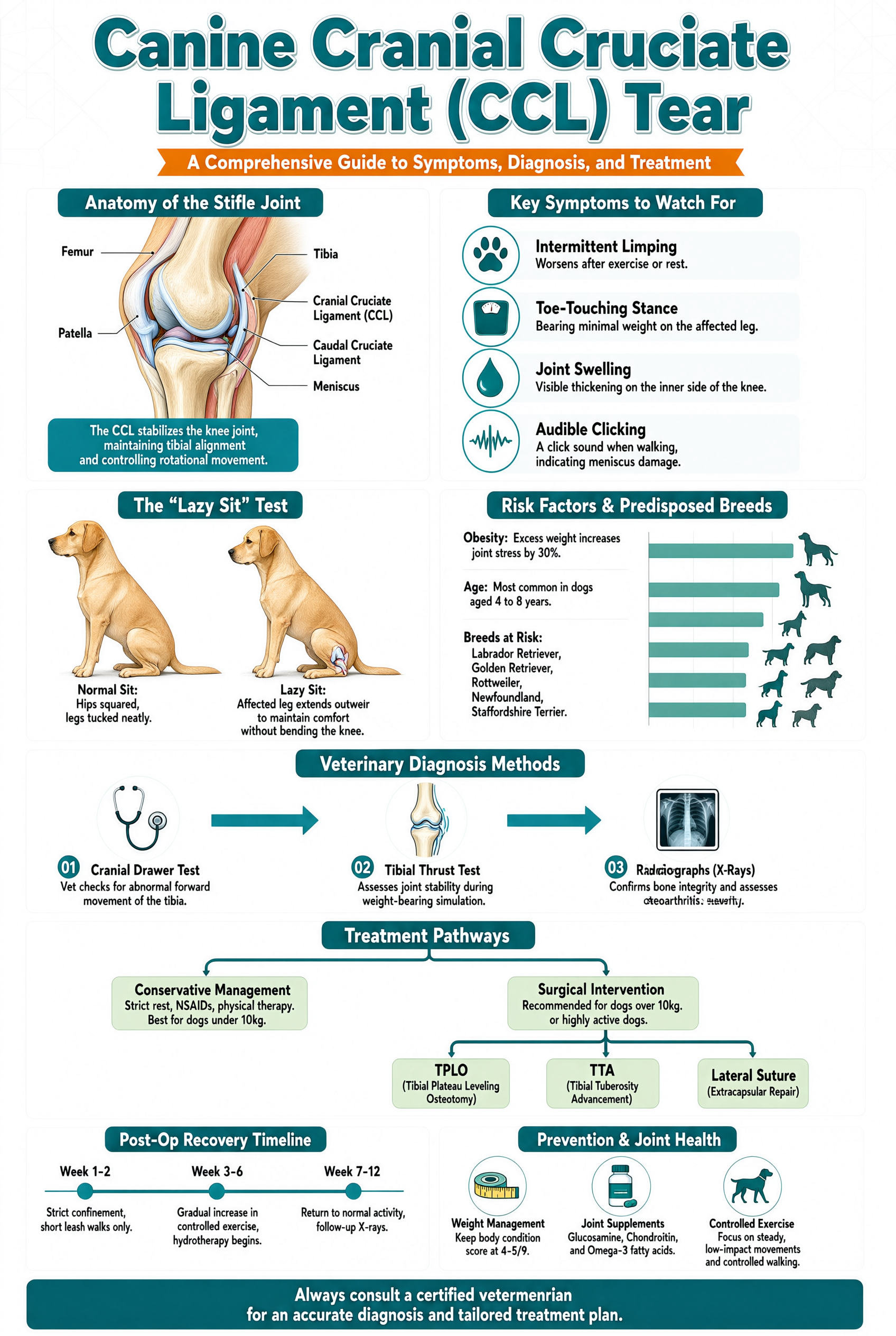 Cruciate ligament tear in dogs symptoms chart — limping lazy sit difficulty rising muscle loss