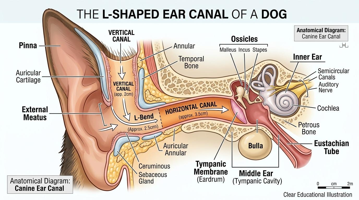Anatomical diagram of the L-shaped ear canal of a dog showing vertical canal, horizontal canal, tympanic membrane, and inner ear structures
