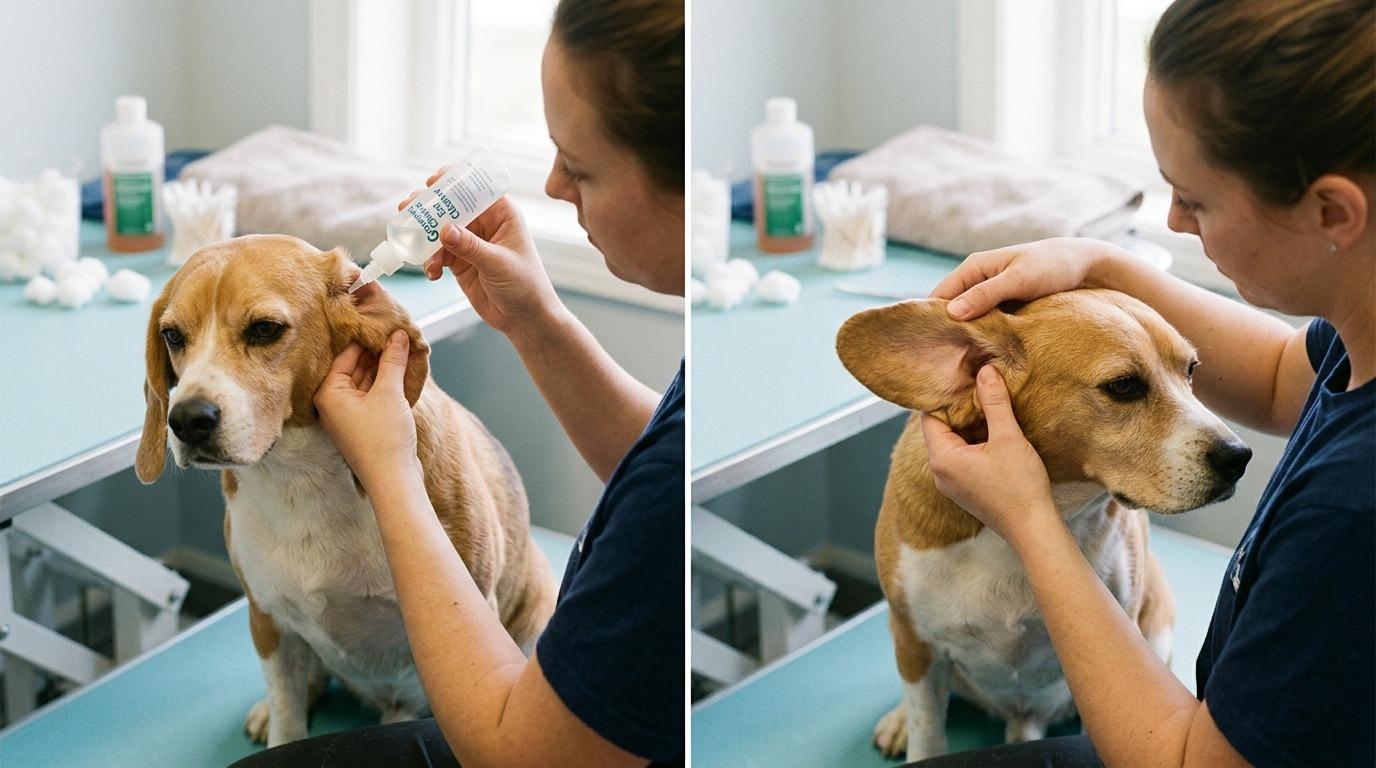 Two-step demonstration: filling a beagle's ear canal with ear cleaning solution, then massaging the base of the ear