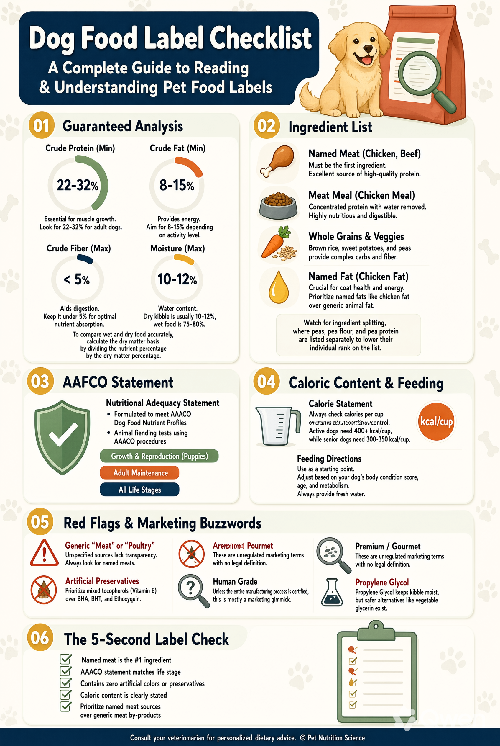 Dog food label checklist — AAFCO statement calories and ingredients for brand comparison