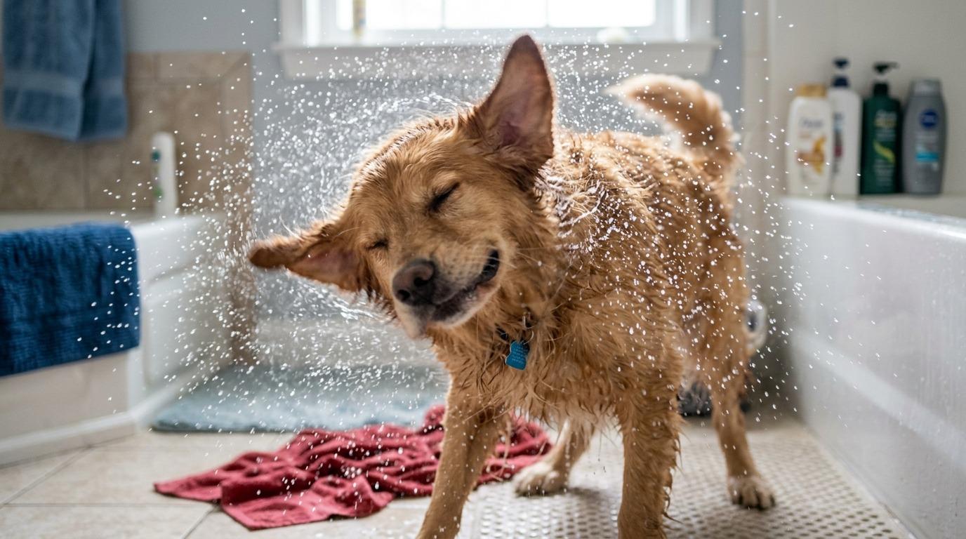 Golden retriever shaking water and debris from its ears after cleaning, droplets flying outward
