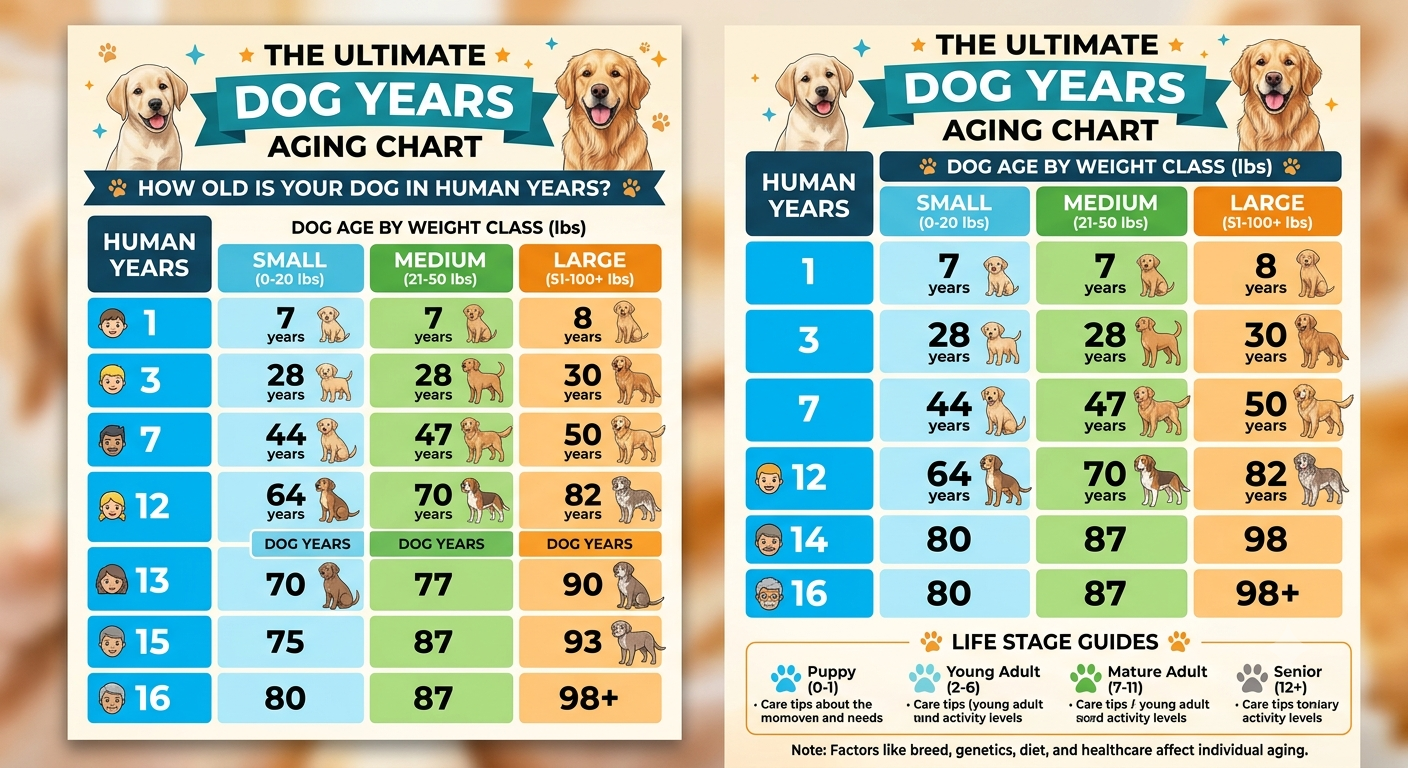Dog years and canine aging chart — how dogs age by size compared to humans