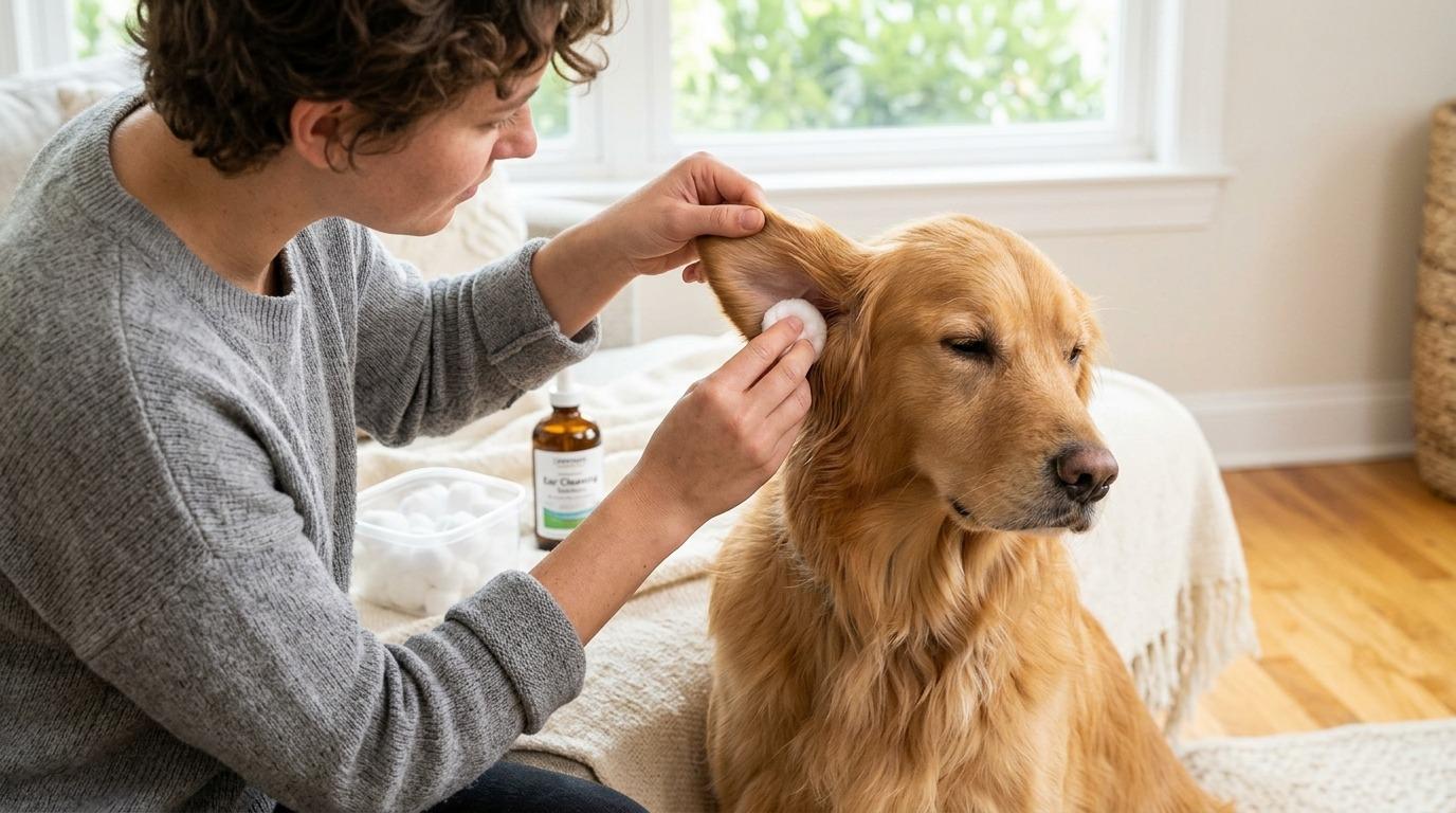 Person gently wiping a golden retriever's outer ear canal with a cotton ball during at-home ear cleaning