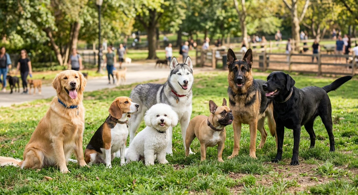 Popular dog breeds in the USA — French Bulldog Labrador Golden Retriever lineup