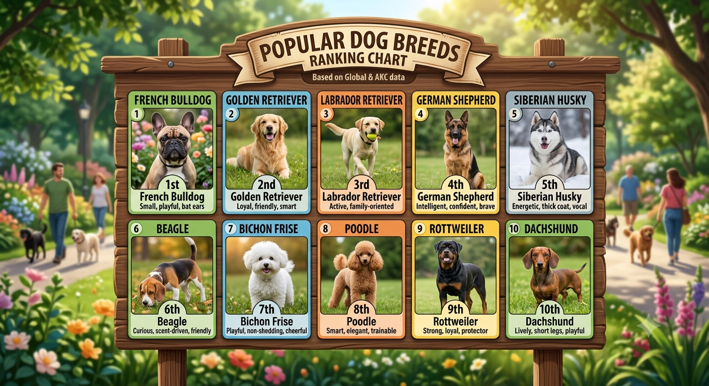 Chart of most popular dog breeds in the USA AKC top 10 ranking