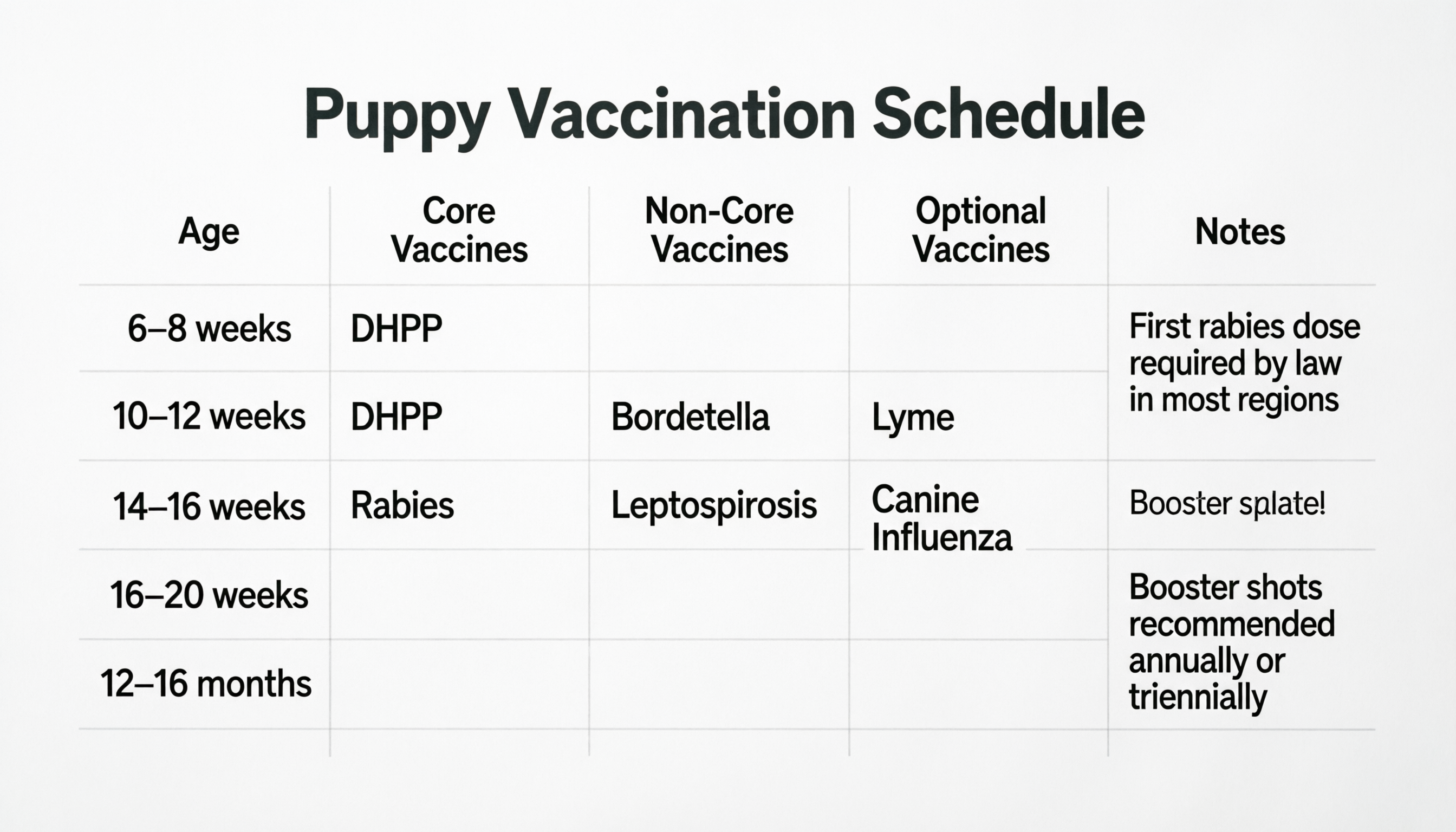 Infographic puppy vaccination schedule by age including parvo DHPP rabies
