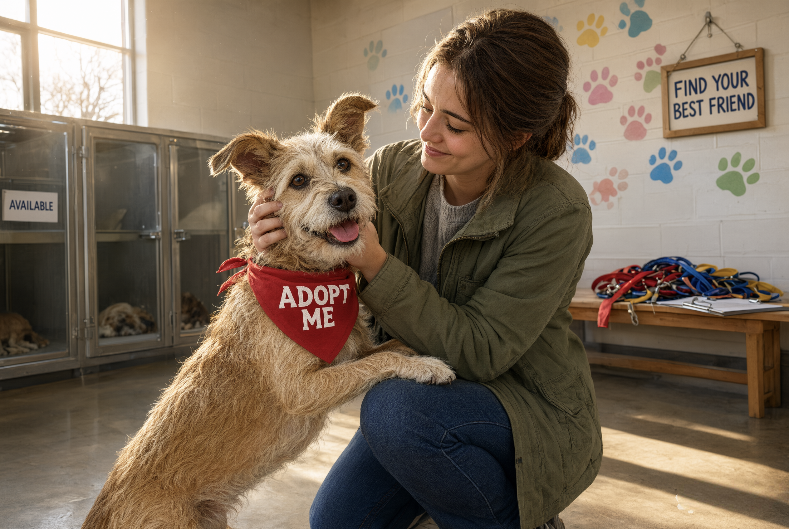 Dogs choose humans adoption — rescue dog bonding with new owner at shelter