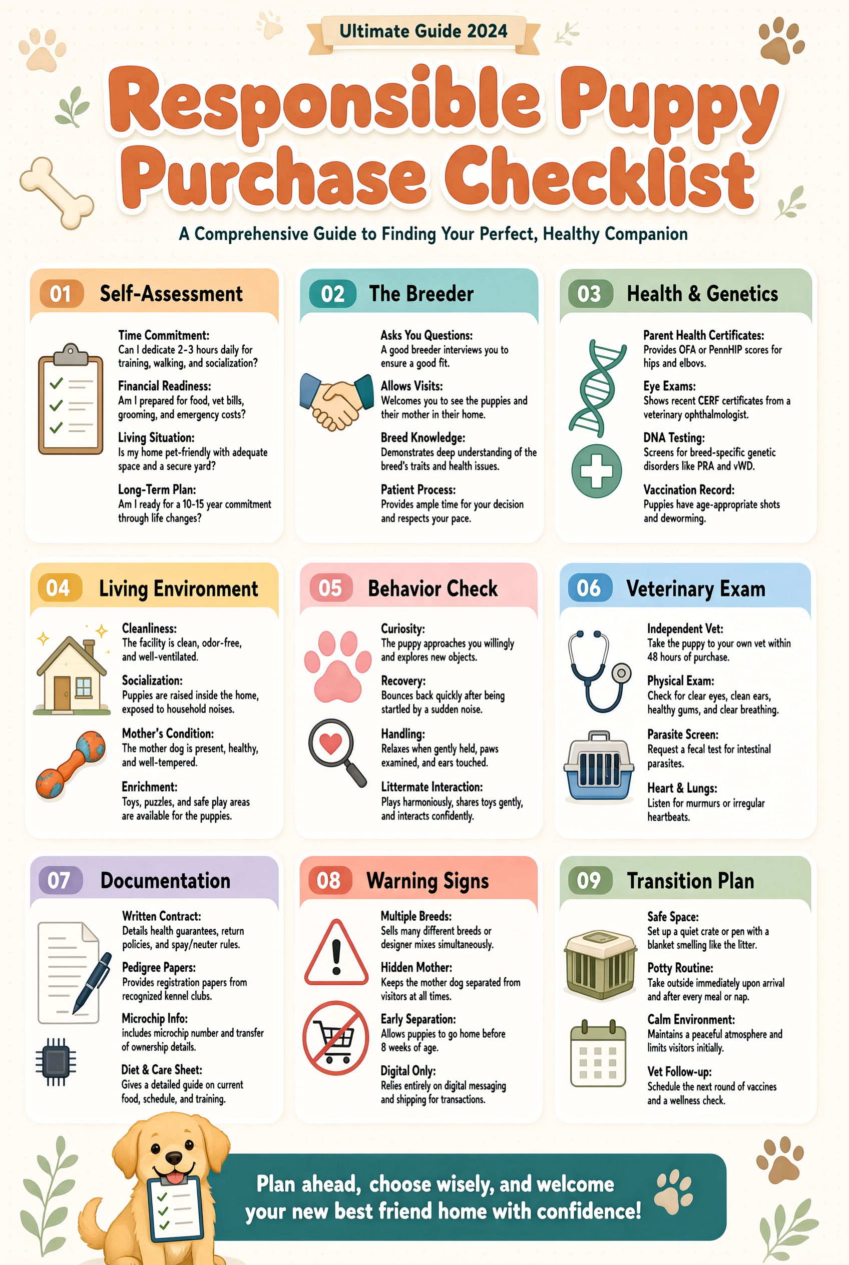 Responsible puppy purchase checklist — health tests contract visit and first vet exam