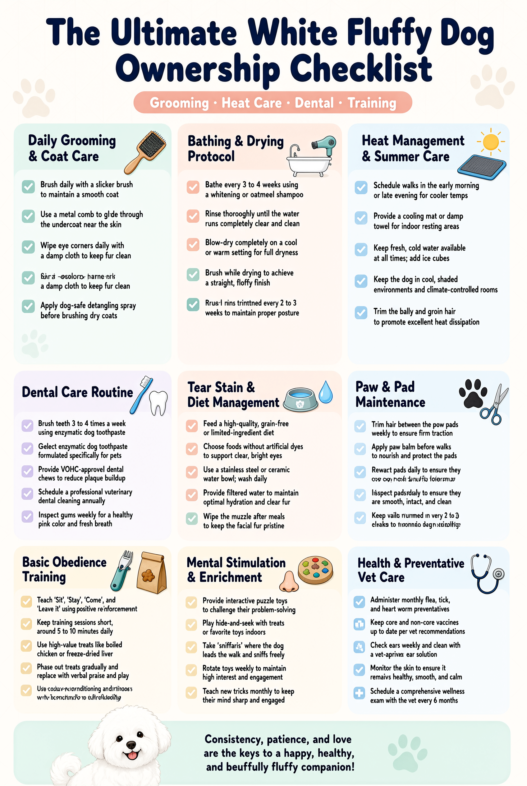 Checklist for white fluffy dog ownership grooming heat dental and training